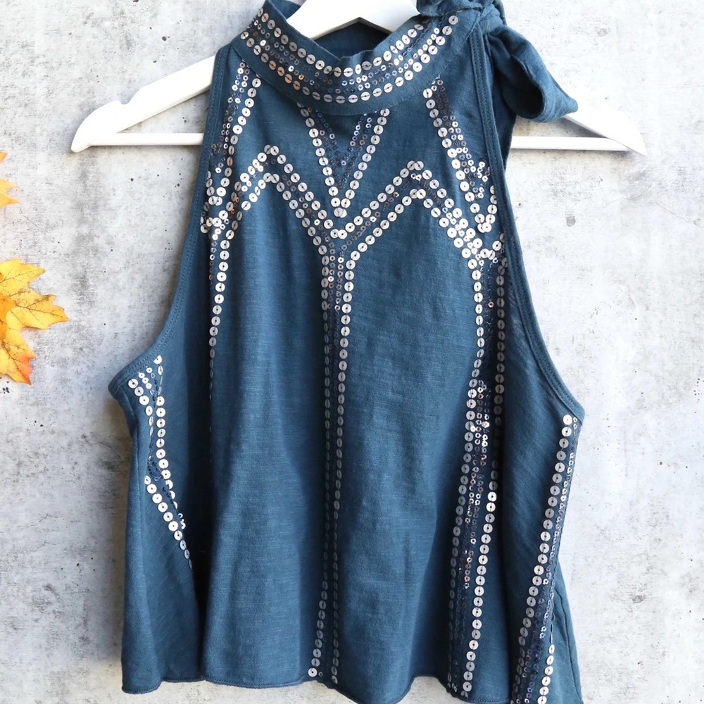 Free People sequin tie neck top